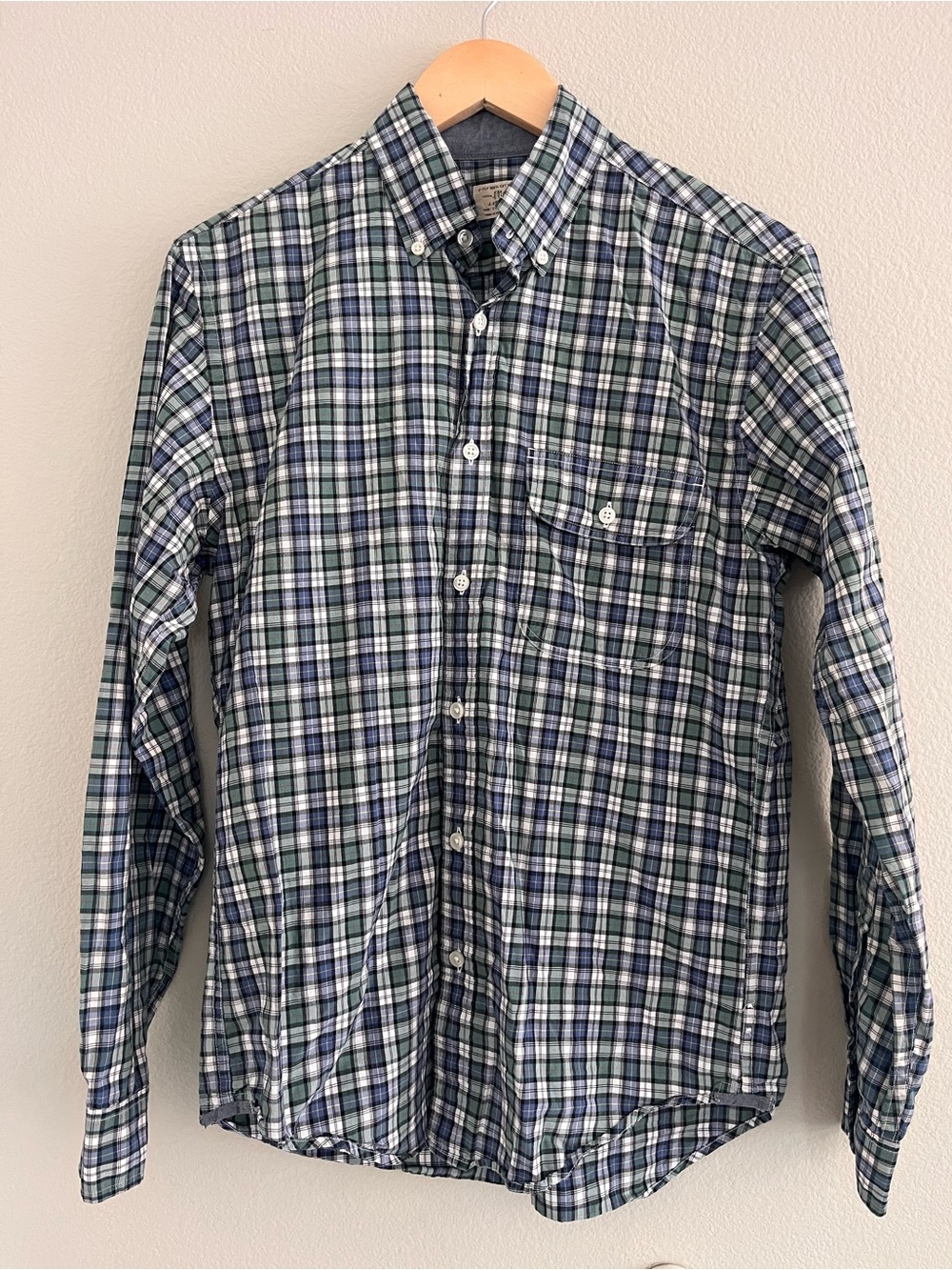 Mens J. Crew Green and Blue Plaid Cotton Button-Down Shirt Small 14-14.5 Preppy
